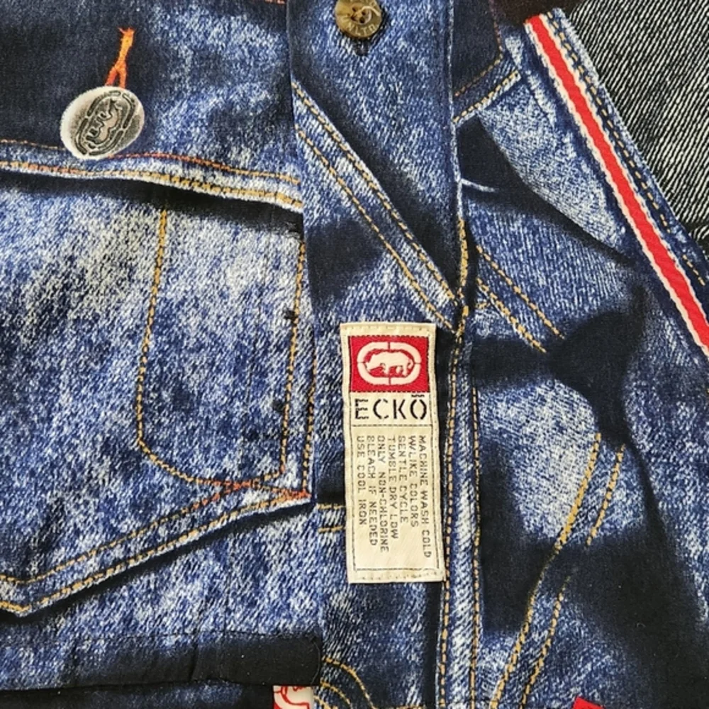 Vintage Ecko Utld RARE‎ Patchwork denim polyester button down Shirt Mens XL